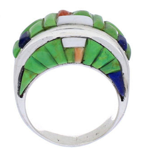 Southwestern Sterling Silver Multicolor Inlay Ring Size 6-1/2 UX36043